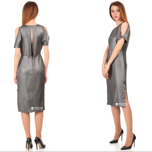 H&M Crepe Midi Dress Silver Cold Shoulder SZ 2 - Picture 5 of 7